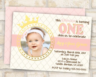 Princess birthday invitation theme for any age or girl's first birthday party pink and gold with photo picture digital or mailed