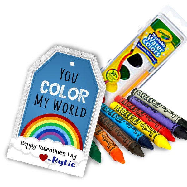 rainbow crayon or watercolor valentine cards and valentine tags to go with coloring toys kids valentine ideas