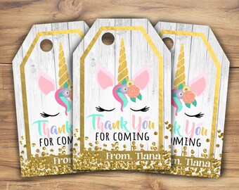 Unicorn party tags with gold pink and teal flowers, unicorn horn and eyelashes for party favors decor door prizes or goodie bags rainbow