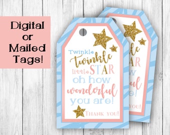 Thank you tags labels for twinkle twinkle little star gender reveal baby shower or birthday party for party favor gift bag or goodie bag