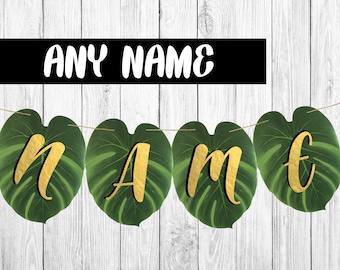 Jungle birthday name banner palm leaf theme printable birthday party decorations decor , tags, banner jungle animal digital file