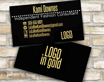 Gold and black business cards for fashion consultant digital file to print steelfish font logo on back home office approved roe