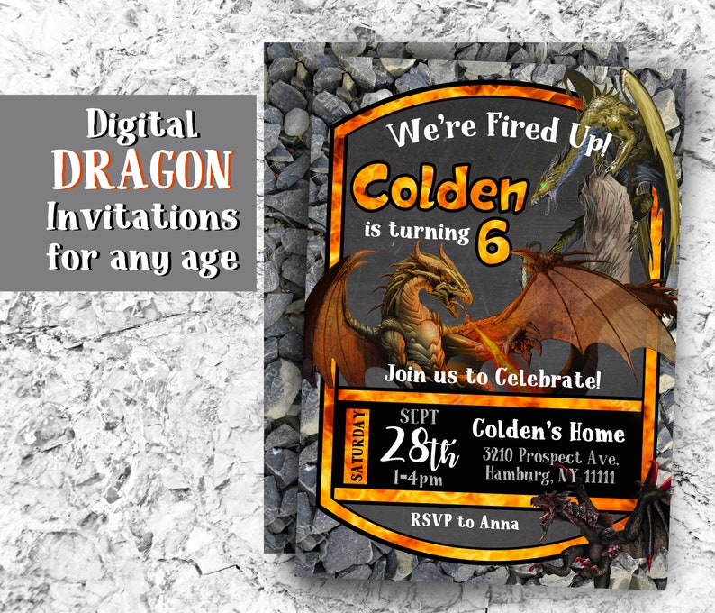 Dragon birthday party invitation fire breathing dragons theme printable decorations and invitations digital download image 1