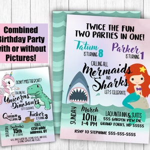 mermaid and shark or pirate combined birthday invitation for twins or boy girl birthday party with ocean theme teal pink purple digital file