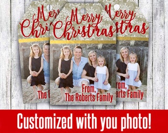 Photo Christmas gift tags customized with your family photo in gold and red custom designed digital file or mailed tag with kraft string