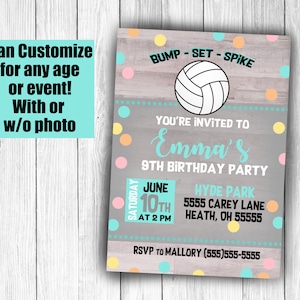 Volleyball birthday invitation for girl's birthday party with volleyball theme kids birthday party , with photo or picture digital file