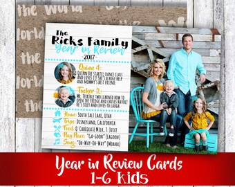 Year in review family photo Christmas card or happy holiday rustic wood bright colors to match pictures 3 to 7 photos for 2 to 6 kids