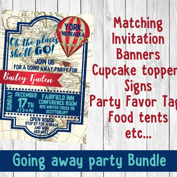 Going away party invitation theme printable digital card and oh the places you'll go balloon design with matching banner, favor tags, etc