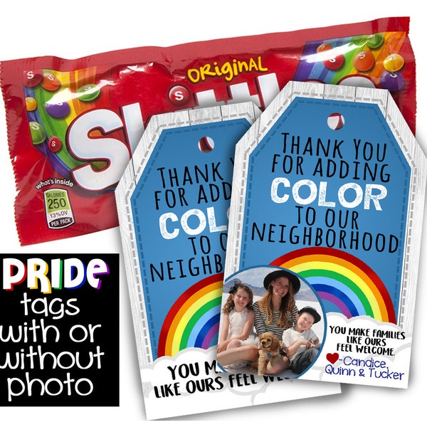 Pride party favor or thank you tag card for neighbors with pride flags supporting LGBT+ families LGBTQIA tags gay rainbow idea printable