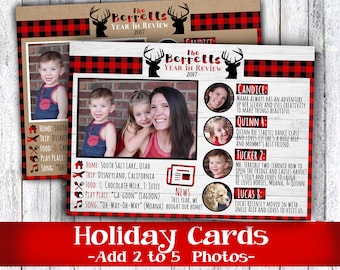 Year in review family photo Christmas card or happy holiday in buffalo plaid rustic red mailer for friends and neighbors gold and white