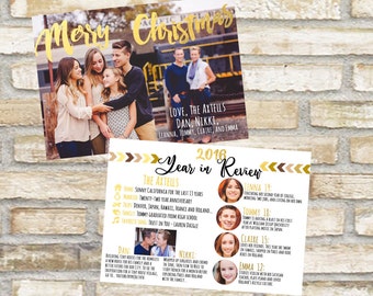 Year in review family photo christmas card or happy holiday mailer for friends and neighbors gold and white