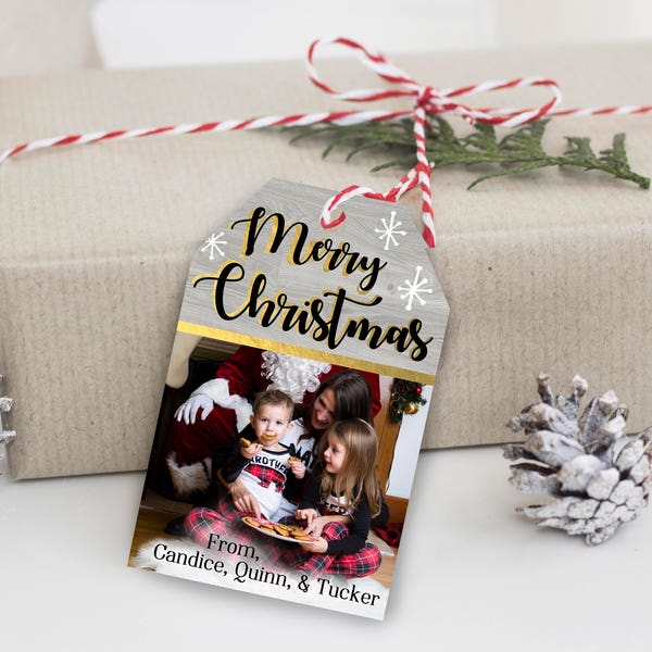 Photo Christmas gift tags in gold white silver customized with your family photo custom designed digital file or mailed tag