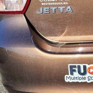 May include: A brown car with a sticker that says "FUX Multiple Sclerosis" with an orange ribbon.