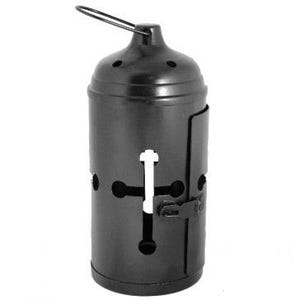 May include: Black metal candle holder with a cross-shaped cutout and a hinged door. The holder has a small handle on top.