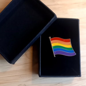 May include: A rainbow flag pin in a black velvet box. The pin is made of metal and has a gold finish. The flag is a traditional rainbow design with red, orange, yellow, green, blue, indigo, and violet stripes.