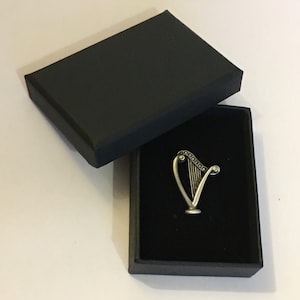 May include: A silver harp-shaped pin in a black velvet box. The harp has a detailed design and is a traditional Irish symbol.