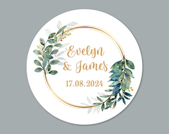 Personalised Round Watercolour Green Leaves Wreath Wedding Stickers / Favor Stickers /  Wedding Invitation Stickers / Engagement