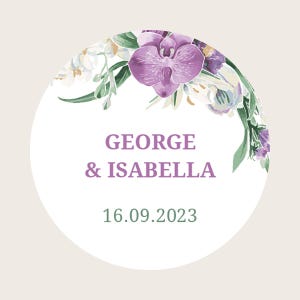 Pegatinas personalizadas redondas moradas vintage con flores para boda, pegatinas para recuerdos de boda, pegatinas para invitaciones de boda y pegatinas para dulces de boda.