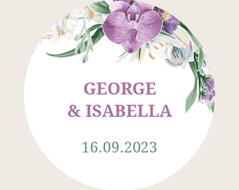 Personalisierte runde lila Vintage Blumen Aufkleber Hochzeit / Aufkleber Hochzeit / Hochzeitseinladung Aufkleber / Aufkleber Hochzeit