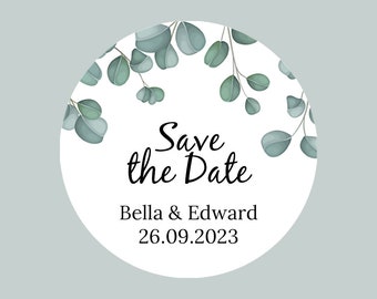 Personalised Round Save The Date Eucalyptus Leaves Wedding Stickers / Wedding Favor Stickers / Wedding Sweets Stickers / Invite Seal Sticker