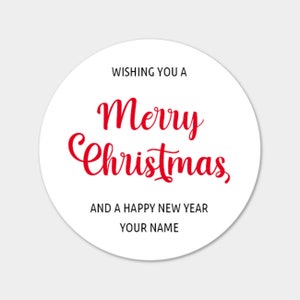 Gepersonaliseerde ronde stickers vrolijk kerstfeest en gelukkig nieuwjaar van naam - kerstpost stickers / cadeaupapier stickers / envelop zegel