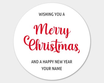 Personalised Round Stickers Merry Christmas & Happy New Year From Name - Christmas Post Stickers / Gift Wrap Stickers / Envelope Seal