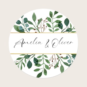 Personalised Round Wedding Envelope Seal Stickers / Wedding Favor Stickers / Wedding Invitation Stickers Elegant Botanical Greenery Design