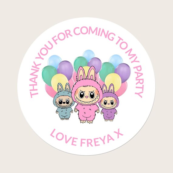 Personalised Round Birthday Party Bag Stickers For Girls / Kids Party Bag / Sweet Cone Stickers  / Labubu