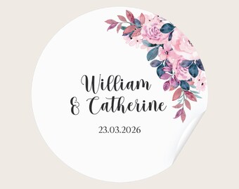 Personalisierte runde rosa Blumenhochzeits-Aufkleber / Einladungssiegel / Etiketten / Bevorzugungen / Süßbeutel
