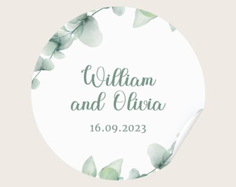 Personalisierte Eukalyptus Hochzeits-Aufkleber - Einladungssiegel & Geschenkanhänger