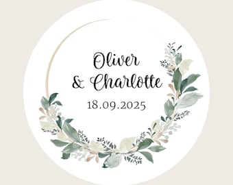 Personalisierte runde Hochzeits-Umschlag Aufkleber / Aufkleber für Hochzeitsgeschenke / Hochzeitseinladung Aufkleber Eukalyptuskranz Name und Name