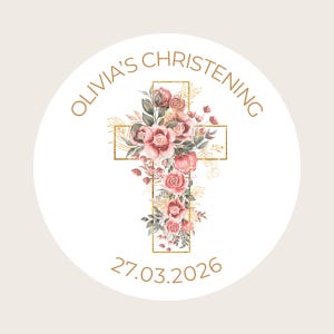 Pegatinas redondas personalizadas para bautizo, iniciación, ceremonia o bendición con diseño de cruz floral rosa de 37 mm