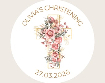 Personalisierte Runde Taufe / Taufe / Initiation / Zeremoniell / Segen Aufkleber Rosa Blumenkreuz Design 37 mm