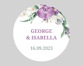 Personalised Round Purple Vintage Flowers Wedding Stickers / Wedding Favor Stickers /  Wedding Invitation Stickers / Wedding Sweets Stickers