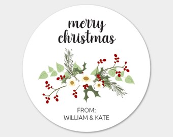 Custom Round Stickers Merry Christmas Stickers Stickers/ Present Stickers / Gift Stickers / Gift Tag Stickers / Labels Holly Design