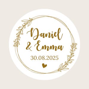 Gepersonaliseerde ronde beige gouden bruiloftstickers / stickers trouwbedankje / stickers bruiloftsuitnodiging / stickers bruiloftsnoepjes Bloemenkrans