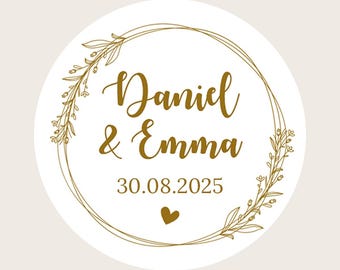 Personalisierte runde Beige Gold Hochzeits-Aufkleber / Hochzeits-Gunst-Aufkleber / Hochzeit laden Aufkleber ein / Hochzeit-Süßigkeiten-Aufkleber Blumenkranz