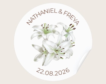 Personalisierte weiße Lilie Hochzeits-Aufkleber / Einladungs-Siegel / Etiketten / Gastgeschenke / Süßigkeitsbeutel
