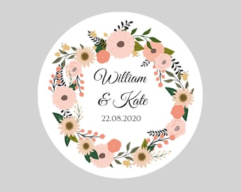 Personalised Round Pink Floral Wreath Wedding Stickers / Wedding Favor Stickers / Wedding Invitation Stickers / Wedding Sweets Stickers