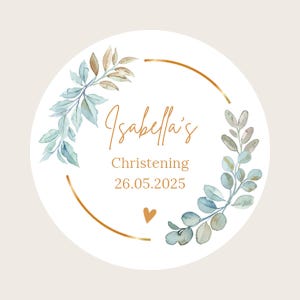 Stickers ronds personnalisés pour baptême/baptême/invocation/cérémonie/bénédiction floral vert et doré 37 mm