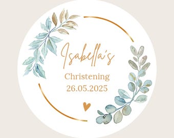 Personalisierte Runde Taufe / Taufe / Initiation / Zeremoniell / Segen Aufkleber Grün & Gold Blumenmuster 37 mm
