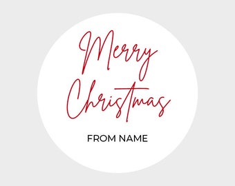 35 x Personalised Round Chsitmas Stickers / Labels / Gift Tags / Envelope Seals Minimal Merry Christmas Script Design