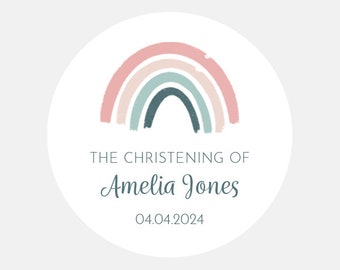 Personalised Round Christening / Baptism / Initation / Ceremonial / Blessing / Dedication / Naming Stickers Pink & Green Heart Design 37mm