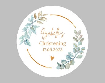 Personalised Round Christening / Baptism / Initation / Ceremonial / Blessing Stickers Green & Gold Floral Design 37mm