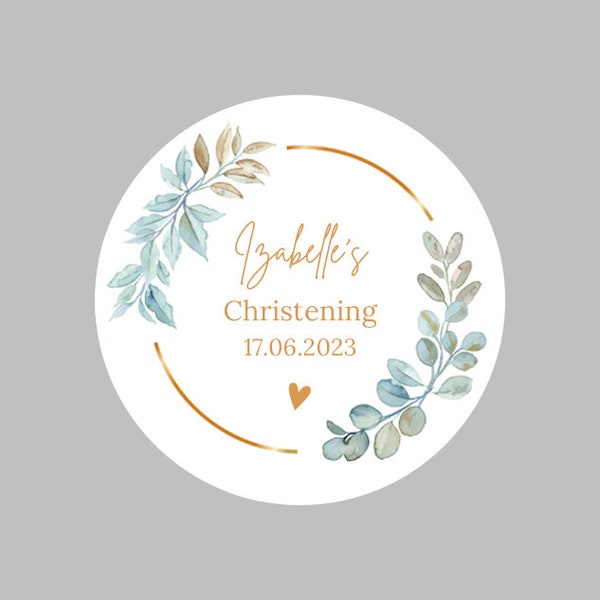 Personalised Round Christening / Baptism / Initation / Ceremonial / Blessing Stickers Green & Gold Floral Design 37mm