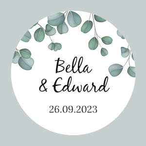 Personalised Round Eucalyptus Leaves Wedding Stickers / Wedding Favor Stickers /  Wedding Invitation Stickers / Wedding Sweets Stickers