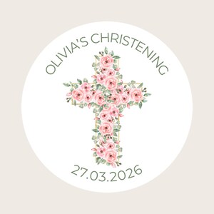 Personalisierte Runde Taufe / Taufe / Initiation / Zeremoniell / Widmung / Benennung / Segen Aufkleber Rosa Rosen Kreuz Design 37 mm