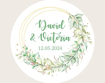 Personalised Round Wedding Stickers / Favour Stickers /  Wedding Invite Stickers / Sweet Bag / Confetti Bag / Floral Wreath Gold / Green