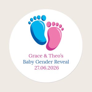 Pegatinas redondas personalizadas para revelar el género (niño o niña) con diseño de corazones