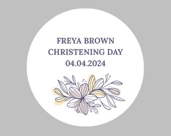 Personalised Round Christening / Baptism / Initation / Ceremonial / Blessing Stickers Purple & Yellow Floral Outline Design 37mm